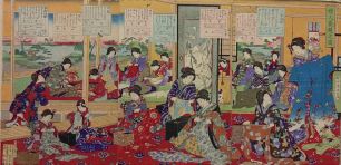 Тоёхара Тиканобу. "Картина с дамами, [занятыми] кройкой и шитьем"